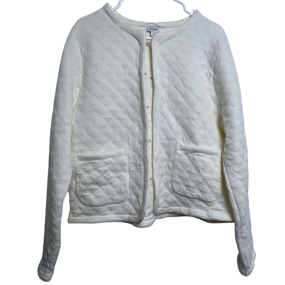 J. Crew Quilted Snap Front Cardigan Jacket Cream M Layering Minimalist Casual
